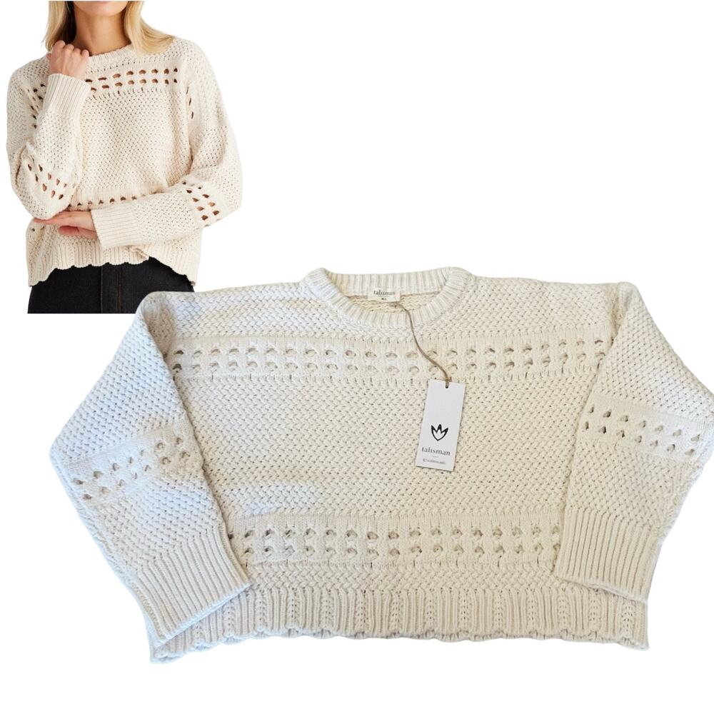 NEW Talisman Chunky Knit Ryder SWEATER Creme Women's M/L Cropped Scalloped Edge